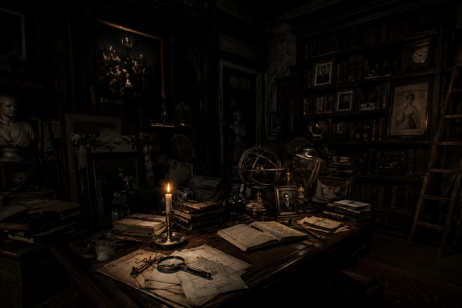 A dim archive room filled with hidden files and old manuscripts