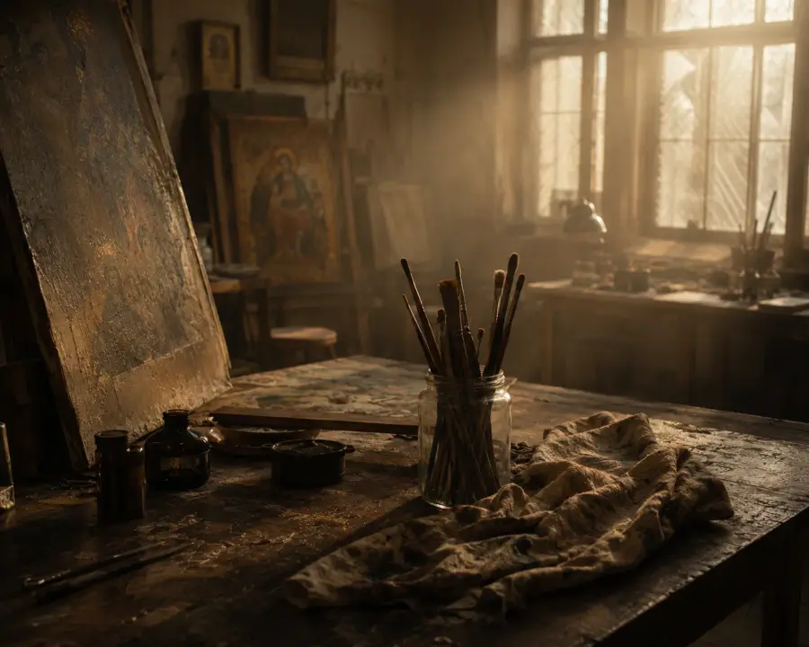 Luna's quiet restoration atelier with brushes, pigments, cloth, and a damaged painting