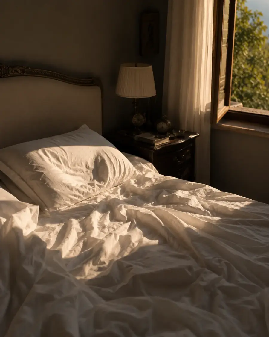 An unmade bed beside an open window after someone has left the room