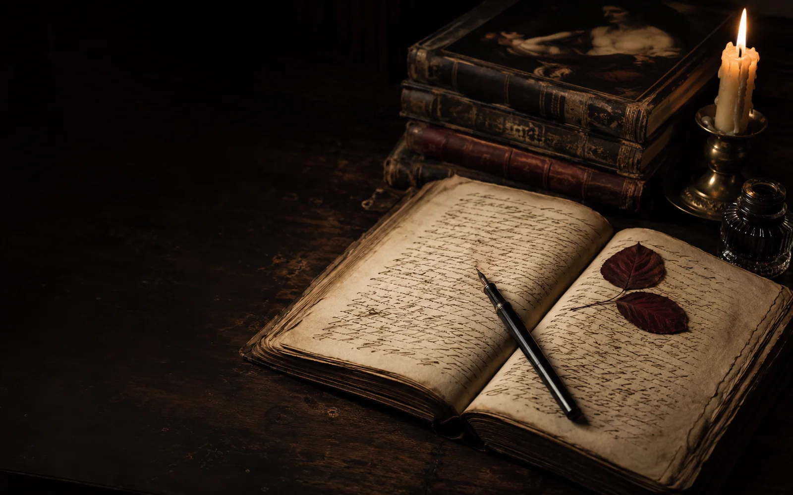 A recovered handwritten manuscript resting on a dark wooden table
