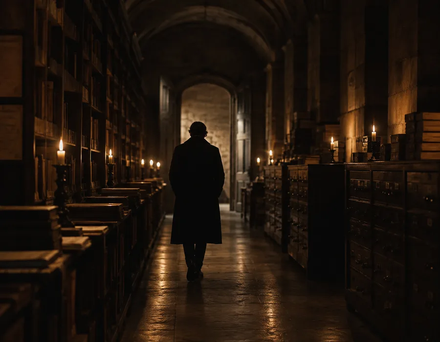 A solitary figure walking through a candlelit archive lined with books