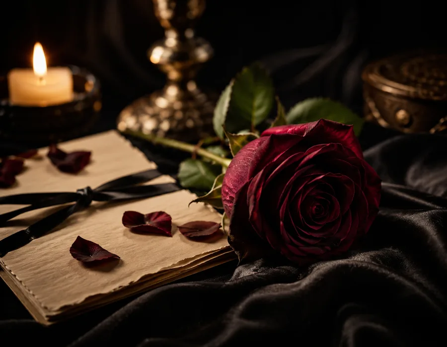 A dark red rose resting on an aged handwritten letter beside a candle