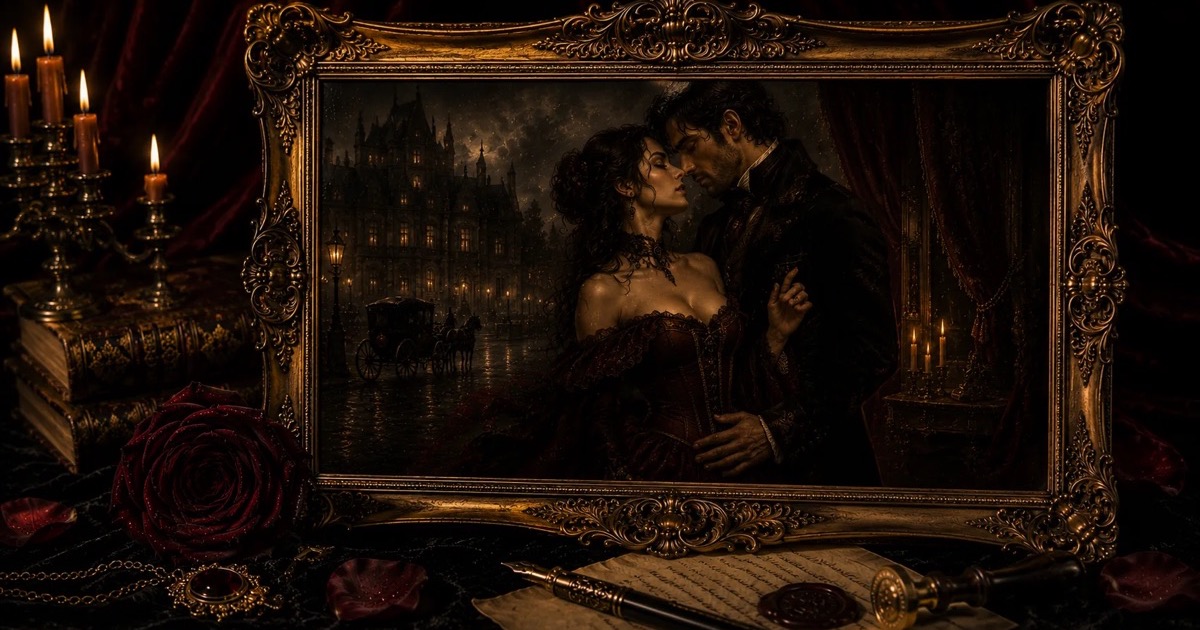 An ornate framed portrait of a couple surrounded by candles, books, and a dark red rose