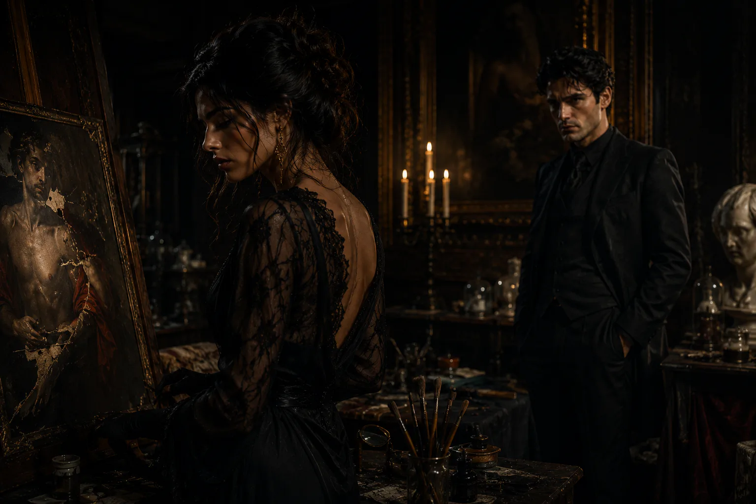 Luna restoring a damaged painting while Leonard watches from across a dark art studio