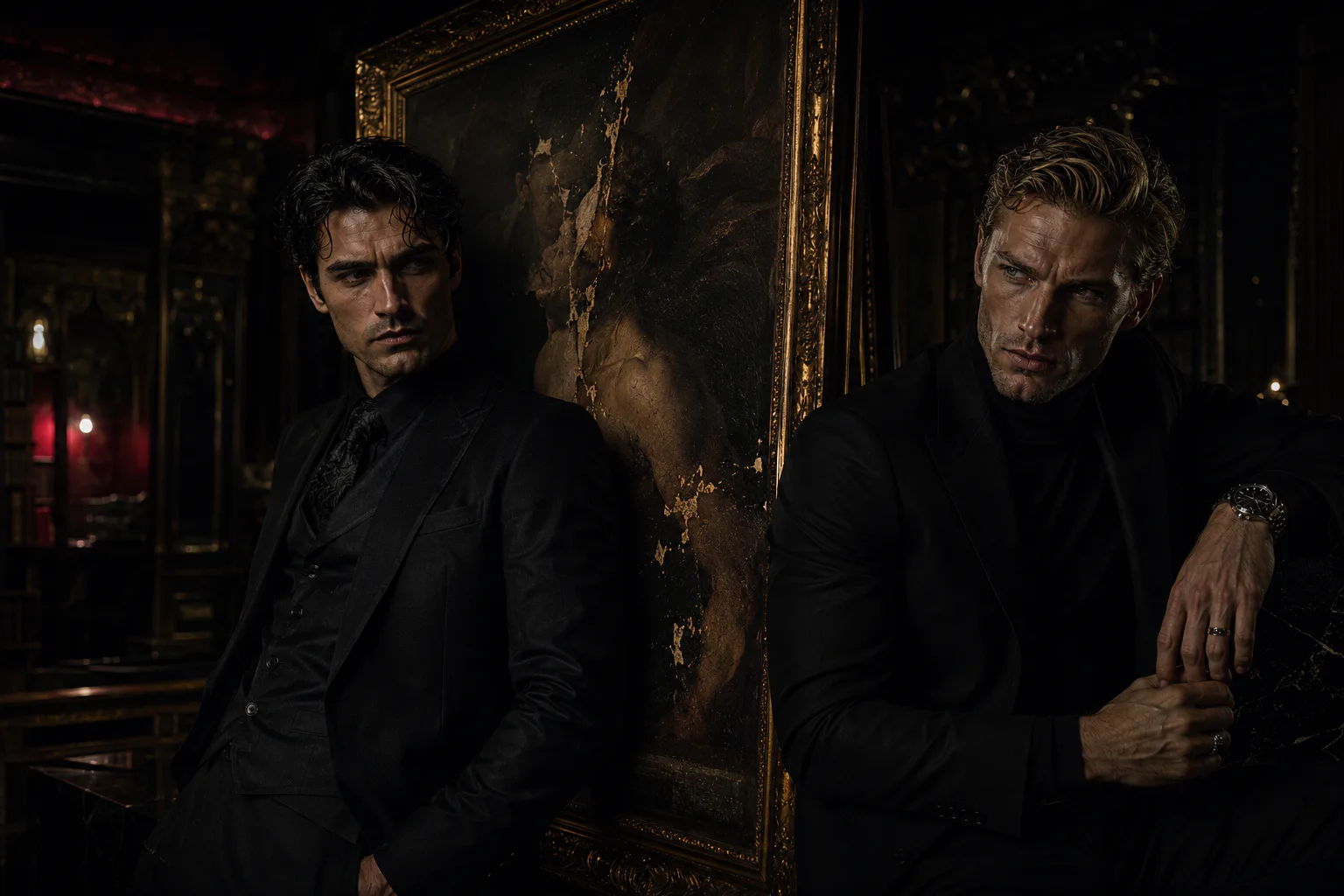 Leonard and Victor beside a damaged painting in a private gallery