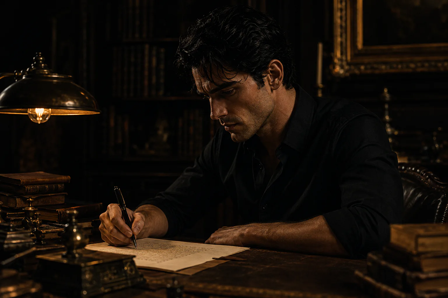 Leonard writing alone at his desk under a brass lamp late at night