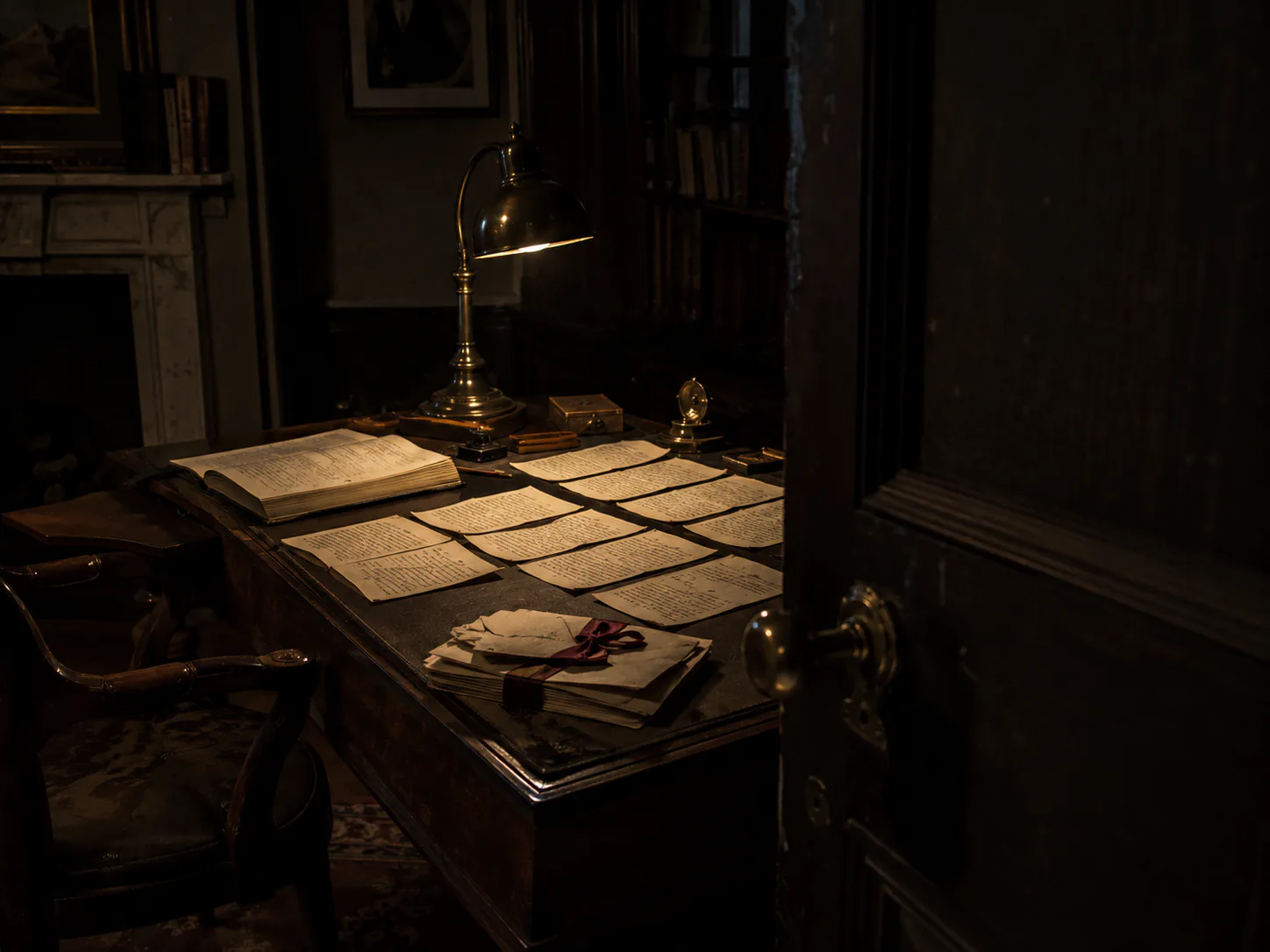 Leonard's locked room containing a writing desk, manuscript pages, notebook, and ribbon-bound letters
